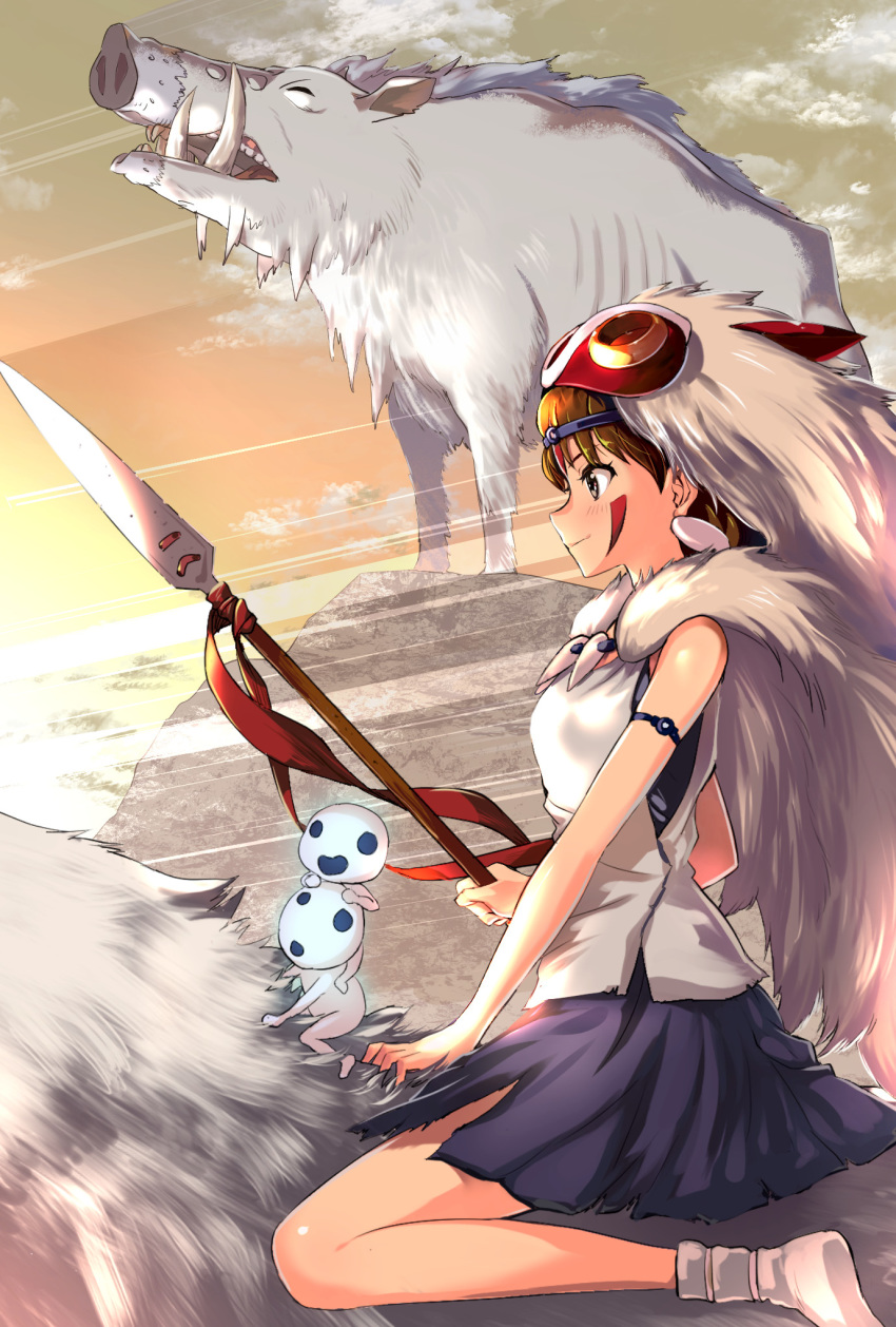 animal bare_arms boar breasts brown_eyes brown_hair closed_mouth earrings facepaint facial_mark female fur headband highres jewelry kodama mask mononoke_hime moro_no_ichizoku necklace okkotonushi pukara san_(mononoke_hime) short_hair smile tooth_necklace wolf