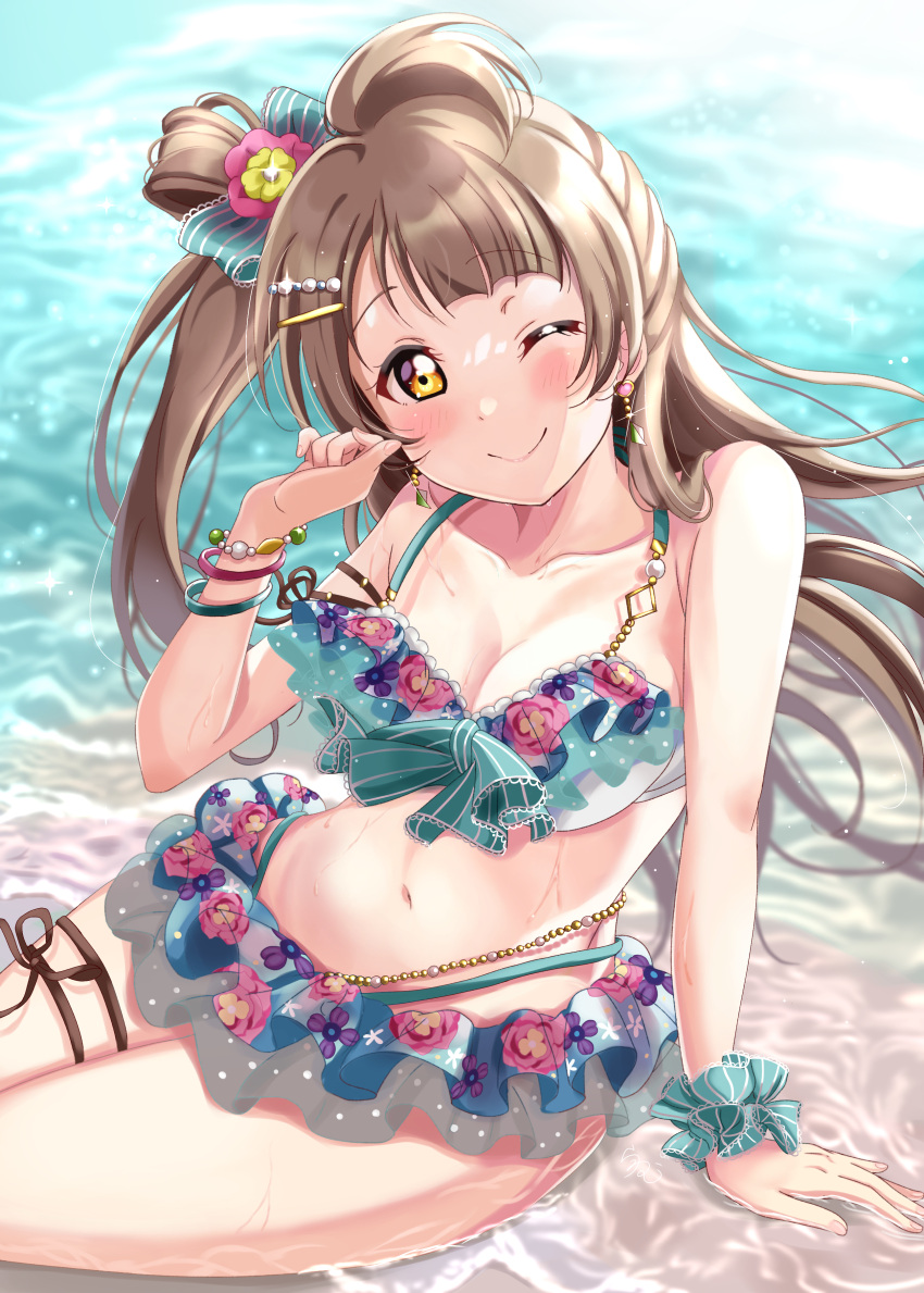 absurdres beach bikini bikini_skirt blush bow bracelet breasts cleavage closed_mouth commentary female floating_hair frilled_bikini frills hair_rings hairbow highres jewelry light_brown_hair long_hair looking_at_viewer love_live! love_live!_school_idol_project medium_breasts minami_kotori navel one_eye_closed one_side_up ranemu scrunchie sidelocks single_hair_ring sitting smile solo swimsuit thigh_strap water wet wrist_scrunchie yellow_eyes