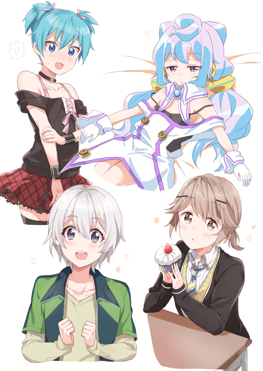 4boys :d absurdres ansatsu_kyoushitsu blue_eyes blue_hair blush brown_eyes cardigan crossdressing crossover cupcake food gloves grey_hair hacka_doll hacka_doll_3 hair_between_eyes highres light_brown_hair long_hair looking_at_viewer male_focus masamune-kun_no_revenge multiple_boys multiple_crossover necktie open_mouth otoko_no_ko purple_eyes rayuse school_uniform shiota_nagisa short_twintails shuri_kojuurou skirt smile totsuka_saika trait_connection twintails white_gloves yahari_ore_no_seishun_lovecome_wa_machigatteiru.