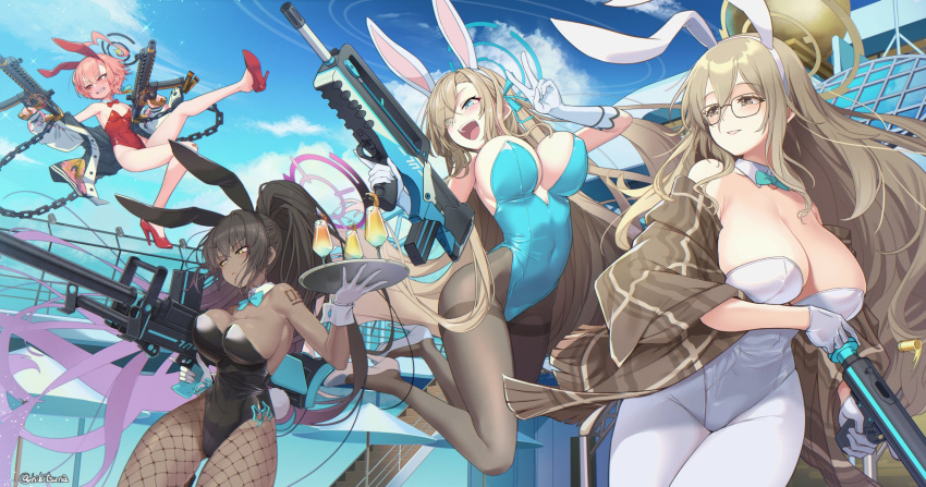 4girls akane_(blue_archive) akane_(bunny)_(blue_archive) animal_ears aqua_bow aqua_bowtie aqua_leotard assault_rifle asuna_(blue_archive) asuna_(bunny)_(blue_archive) asymmetrical_bangs black-framed_eyewear black_hair black_leotard blue_archive blue_bow blue_bowtie blue_eyes blue_leotard blue_sky bolt_action bow bowtie boys_anti_tank_rifle breasts brown_eyes brown_scarf brown_shawl bullpup chains cleaning_&_clearing_(blue_archive) cleavage cloud dark-skinned_female dark_skin detached_collar dual_wielding fake_animal_ears famas fishnet_pantyhose fishnets glasses gloves gun halo handgun hibi_tsuna high_heels highres holding holding_gun holding_weapon karin_(blue_archive) karin_(bunny)_(blue_archive) large_breasts leotard light_brown_hair long_bangs long_hair mole mole_on_breast multiple_girls neru_(blue_archive) neru_(bunny)_(blue_archive) number_tattoo official_alternate_costume orange_hair pantyhose plaid_shawl playboy_bunny rabbit_ears rabbit_tail red_eyes rifle scarf shawl sig_mpx sky strapless strapless_leotard submachine_gun suppressor tail tattoo thighband_pantyhose traditional_bowtie v weapon welrod white_gloves white_leotard white_pantyhose yellow_eyes