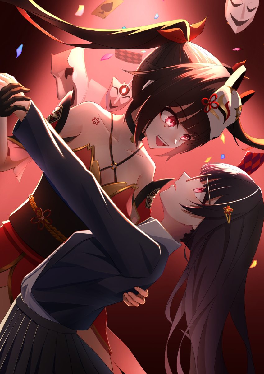 2girls absurdres aha_(honkai:_star_rail) bell black_choker black_gloves black_jacket black_skirt blazer bow choker collarbone collared_shirt cowboy_shot criss-cross_halter dancing dual_persona eye_contact face-to-face fox_mask from_side glasses gloves gradient_hair hairbow halterneck highres holding_hands honkai:_star_rail honkai_(series) jacket leaning_back looking_at_another mask mask_on_head mi's_(diprebaxgnkz7qr) multicolored_hair multiple_girls neck_bell o-ring open_clothes open_jacket pink_eyes pleated_skirt red_bow red_hair school_uniform shirt skirt sparkle_(honkai:_star_rail) sparkle_(school_uniform)_(honkai:_star_rail) white_shirt