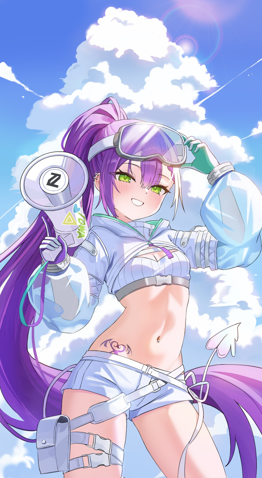 absurdres cloud demon_tail ear_piercing female goggles goggles_on_head green_eyes henem416 highres holding holding_megaphone hololive long_hair megaphone midriff navel navel_piercing piercing ponytail pouch purple_hair see-through_clothes see-through_sleeves shorts shrug_(clothing) smile tail thigh_pouch tokoyami_towa tokoyami_towa_(5th_costume) two-tone_gloves virtual_youtuber white_shorts