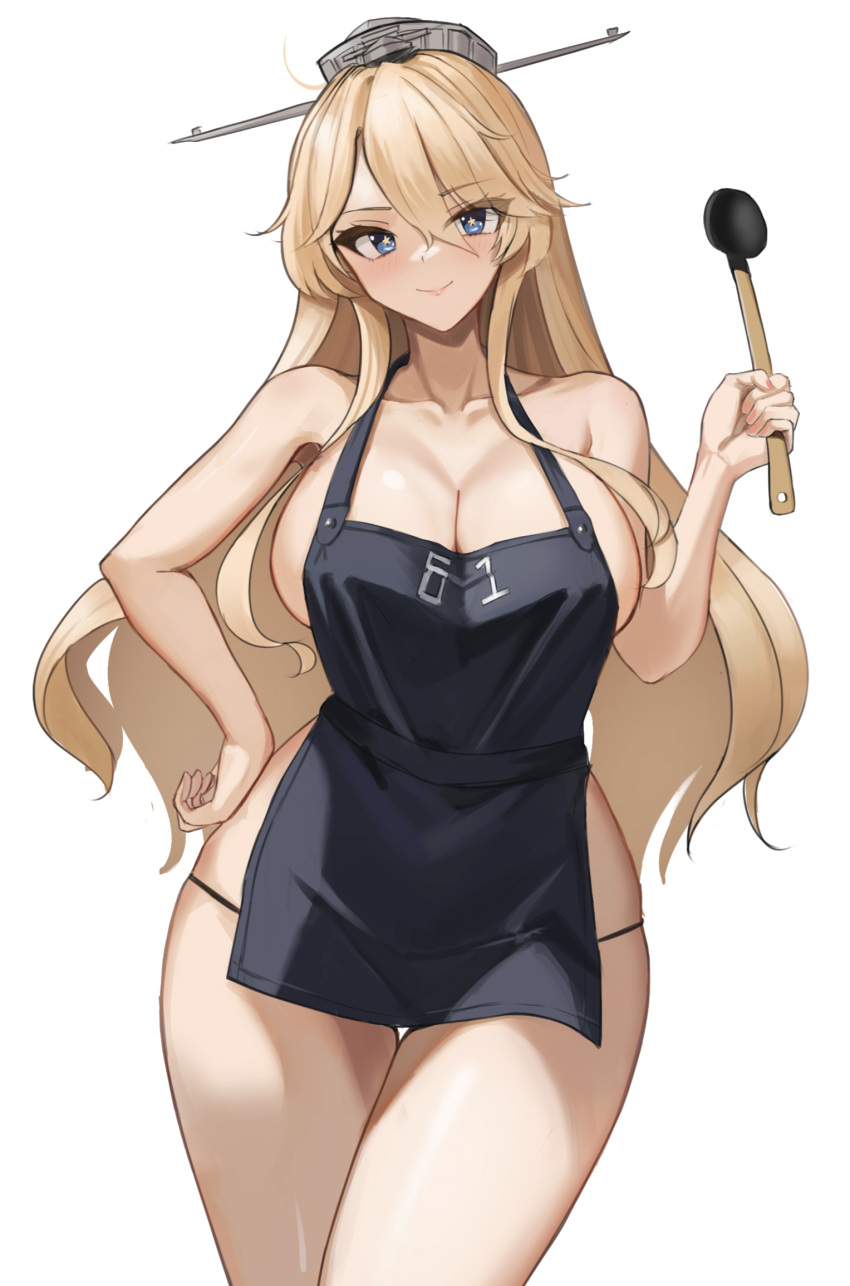 apron black_panties blonde_hair blue_eyes breasts cleavage dimos_(dawn_1945) female hair_between_eyes hand_on_own_hip headgear highres holding holding_ladle iowa_(kancolle) kantai_collection ladle large_breasts long_hair looking_at_viewer nearly_naked_apron panties smile solo star-shaped_pupils star_(symbol) striped_clothes striped_panties symbol-shaped_pupils underwear white_background wide_hips