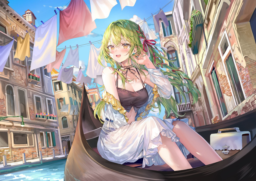 bare_shoulders blue_sky breasts briefcase cleavage female floating_hair green_hair hair_ribbon hand_up highres long_hair long_skirt long_sleeves looking_ahead momoko_(momopoco) navel on_boat open_mouth original outdoors red_ribbon ribbon sitting skirt sky smile solo teeth upper_teeth_only venice water watercraft white_skirt yellow_eyes yukari_(momoko)