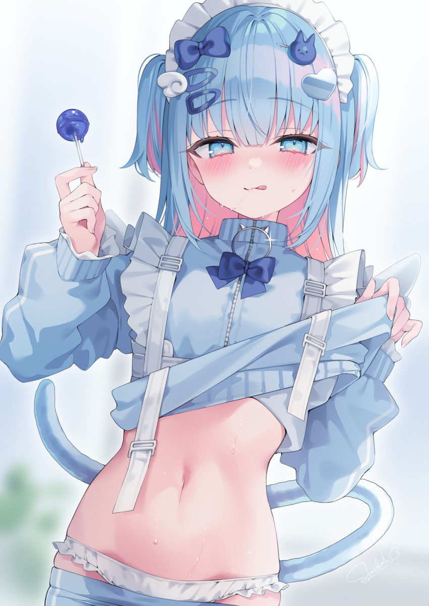 blue_eyes blue_hair blue_pants blush breasts candy cat_tail colored_inner_hair female food hair_ornament hairclip heart heart_hair_ornament highres holding holding_candy holding_food indie_virtual_youtuber kanzarin_(vtuber) lollipop looking_at_viewer maid_headdress medium_hair multicolored_hair navel open_mouth panties pants pink_hair rabbit_hair_ornament shu_bii simple_background small_breasts smile solo suspenders tail tongue tongue_out twintails underwear virtual_youtuber white_panties