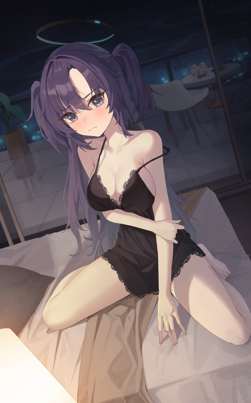 absurdres arm_under_breasts balcony bare_legs black_chemise blue_archive blush breasts chemise cleavage collarbone commentary female halo highres holding_own_arm indoors lace-trimmed_chemise large_breasts lingerie long_hair looking_at_viewer mansu_(user_pnmp4287) purple_eyes purple_hair sitting solo spaghetti_strap strap_slip two_side_up underwear underwear_only very_long_hair wariza yuuka_(blue_archive)