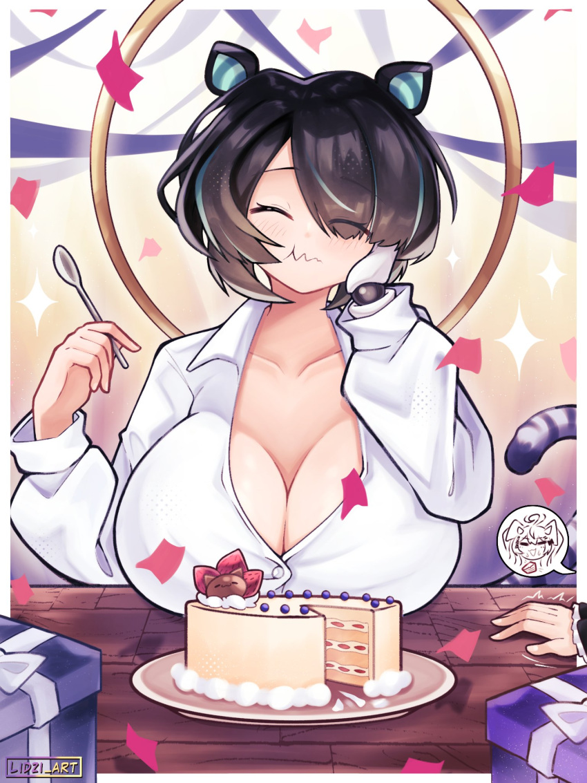 2girls animal_ears aqua_hair black_hair box breast_rest breasts breasts_on_table cake cleavage closed_eyes collarbone collared_shirt confetti eating erina_makina eyes_visible_through_hair food gift gift_box hair_over_one_eye halo hand_on_own_cheek hand_on_own_face highres holding holding_spoon large_breasts lidzi mechanical_hands multicolored_hair multiple_girls phase_connect plate remilia_nephys second-party_source shirt short_hair single_mechanical_hand sparkle spoken_character spoon streaked_hair table tail tiger_ears tiger_girl tiger_tail virtual_youtuber white_shirt