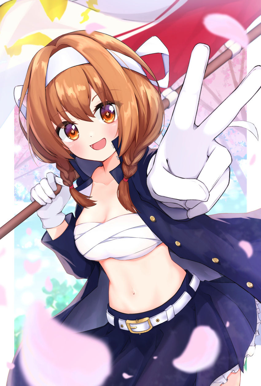 absurdres bandaged_chest banner belt blush braid brown_eyes brown_hair chest_strap female gloves headband highres looking_at_viewer personification school_uniform shimazu_masamune tenka_hyakken twin_braids unbuttoned unbuttoned_shirt v white_belt white_gloves white_headband