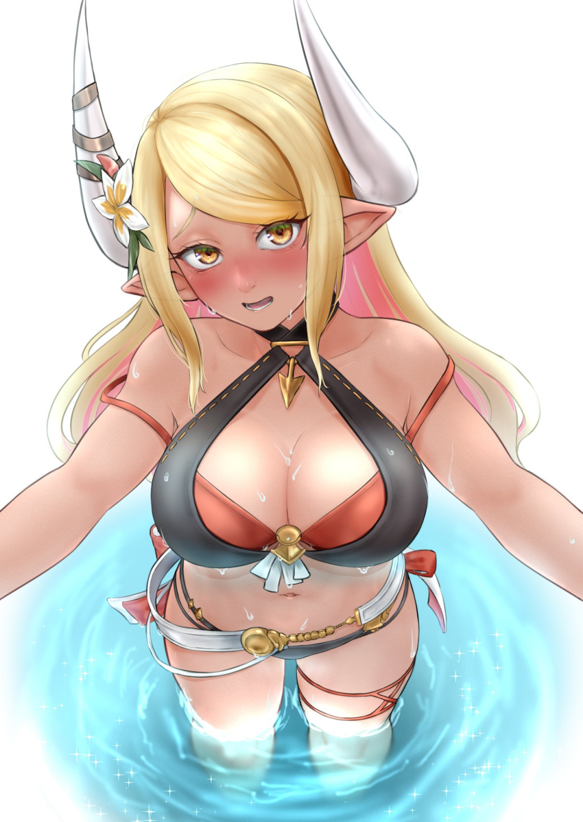 bikini blonde_hair blush breasts cleavage colored_inner_hair dark-skinned_female dark_skin draph female flower granblue_fantasy highres horn_flower horn_ornament horn_ribbon horns kumbhira_(granblue_fantasy) kumbhira_(summer)_(granblue_fantasy) large_breasts layered_bikini leg_ribbon long_hair looking_at_viewer multicolored_hair official_alternate_costume pink_hair pointy_ears ribbon solo swimsuit wangxiang_qingnian yellow_eyes