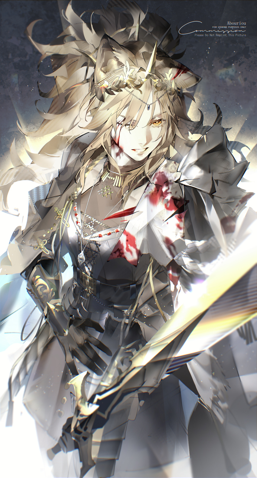 absurdres animal_ears arknights artist_name bleeding blood blood_on_clothes blood_on_face cape chinese_commentary commentary_request cowboy_shot crown female gauntlets gloves head_chain highres holding holding_sword holding_weapon jewelry laurel_crown lion_ears lion_girl llmia4 necklace one_eye_closed siege_(arknights) solo sword vina_victoria_(arknights) watermark weapon