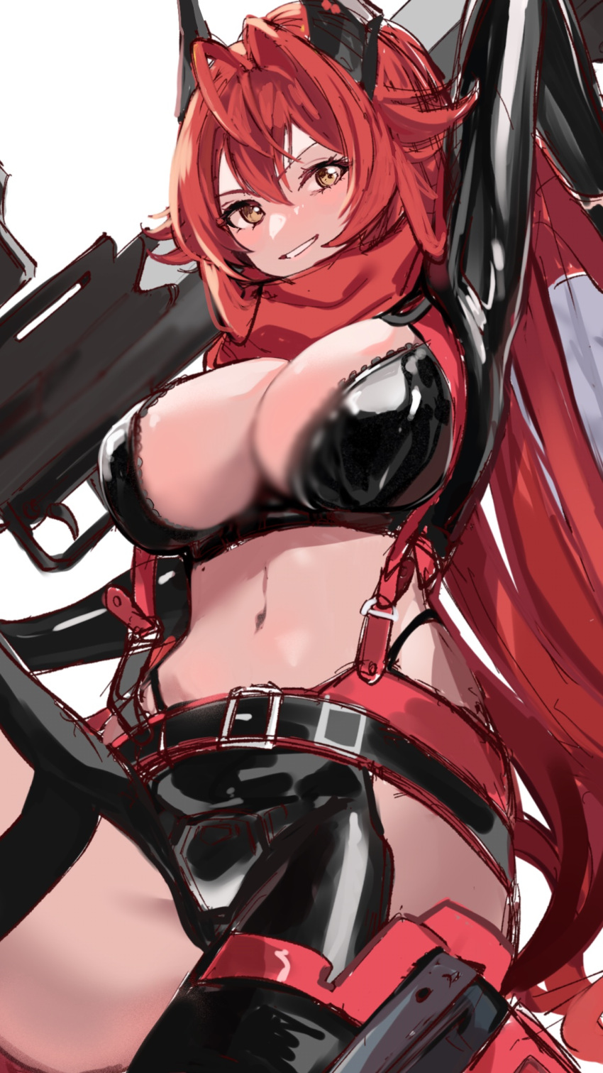 breasts chikabe clothing_cutout crotch_plate female goddess_of_victory:_nikke gun highres hip_vent horns large_breasts latex_bikini leather leather_pants leg_cutout mechanical_horns navel pants red_hair red_hood_(nikke) red_scarf rifle scarf sniper_rifle solo unzipped weapon yellow_eyes