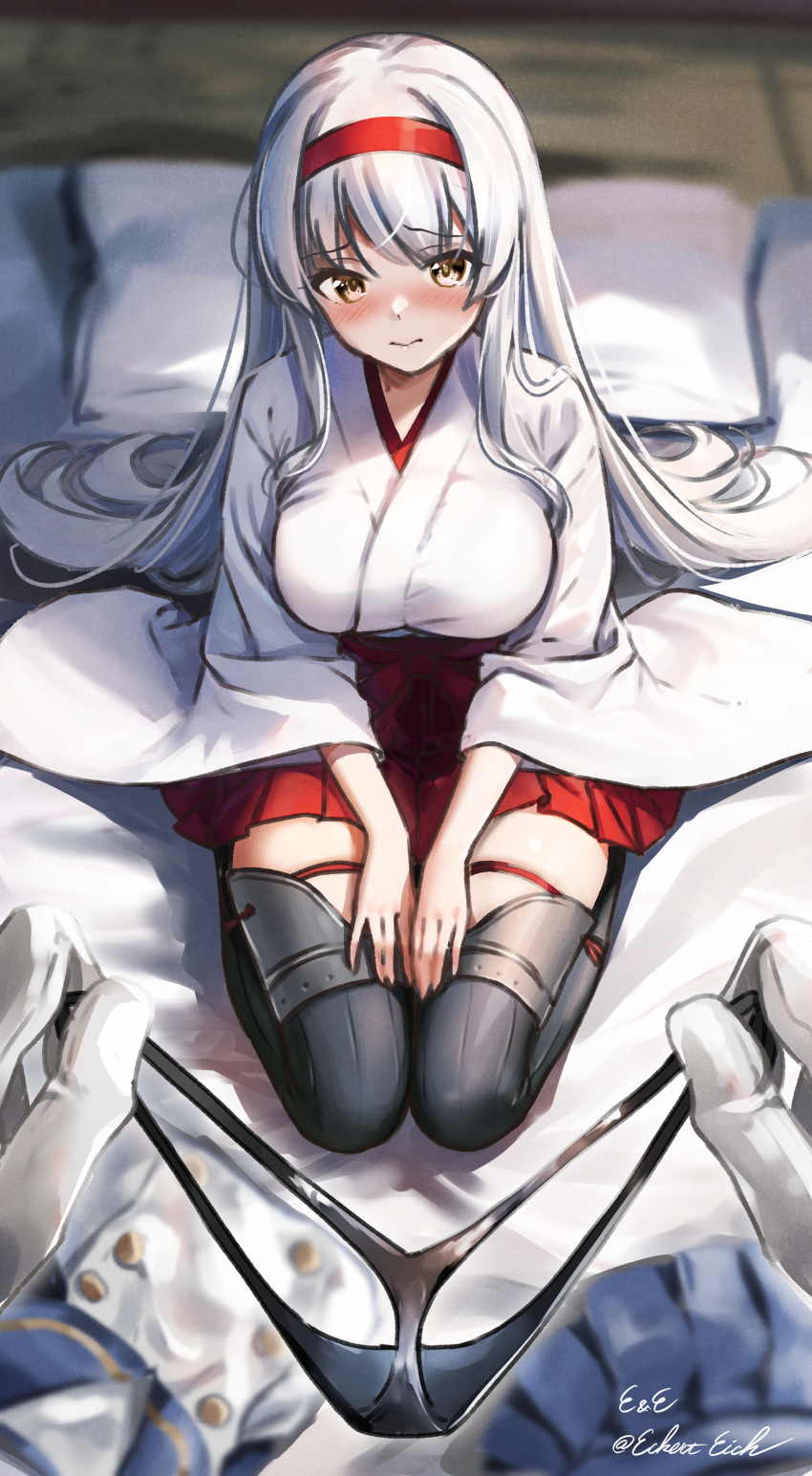 1boy absurdres admiral_(kancolle) black_footwear black_panties blurry blurry_background blush boots breasts brown_eyes commentary_request eckert&eich female futon hairband hakama hakama_short_skirt hakama_skirt hands_on_own_thighs highres holding holding_panties holding_underwear holding_unworn_clothes indoors japanese_clothes kantai_collection kimono large_breasts long_hair looking_at_viewer panties pov red_hairband red_skirt shoukaku_(kancolle) sitting skirt thigh_boots twitter_username underwear wariza white_hair white_kimono wide_sleeves