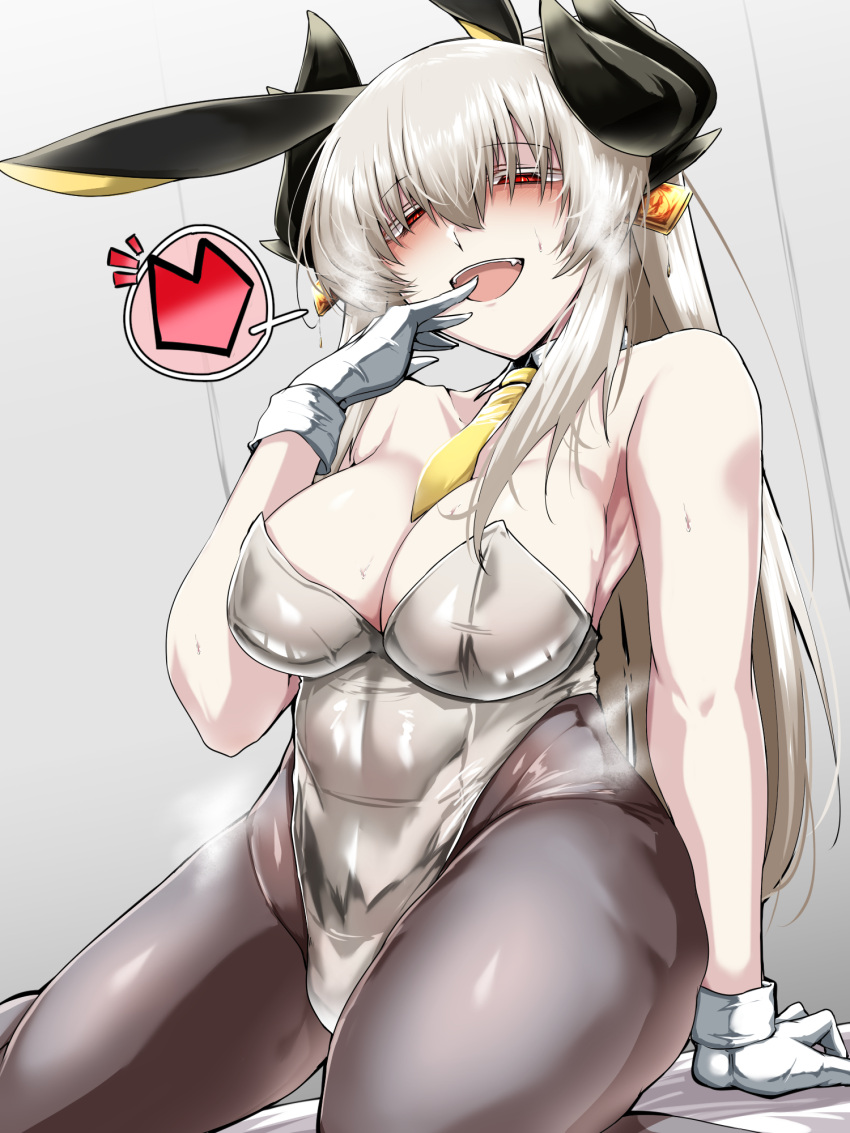 animal_ears bare_shoulders blonde_hair blush breasts cleavage detached_collar earrings fate/grand_order fate_(series) female gloves heart highres horns jewelry kiyohime_(fate) large_breasts long_hair looking_at_viewer necktie pantyhose playboy_bunny rabbit_ears red_eyes sitting smile spoken_heart sweat tgxx3300 wariza