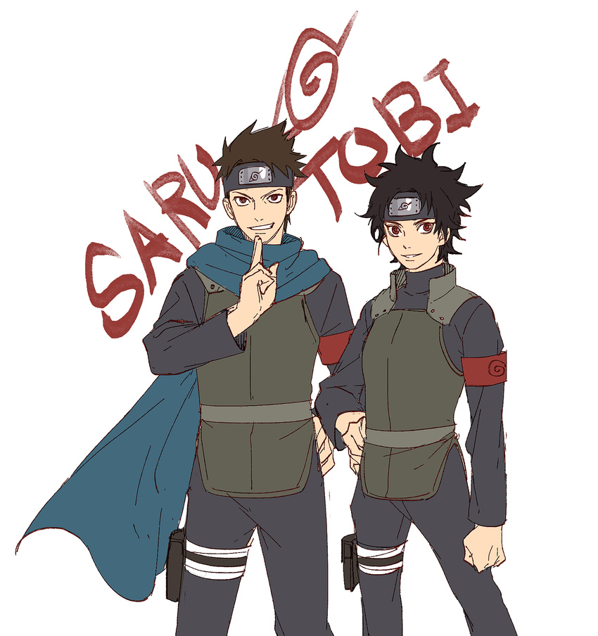 1boy armband bad_id bad_pixiv_id black_hair boruto:_naruto_next_generations brown_hair cousins female forehead_protector grin hand_on_own_hip highres kuji-in looking_at_viewer naruto_(series) noeunjung93 red_eyes sarutobi_konohamaru sarutobi_mirai scarf short_hair smile