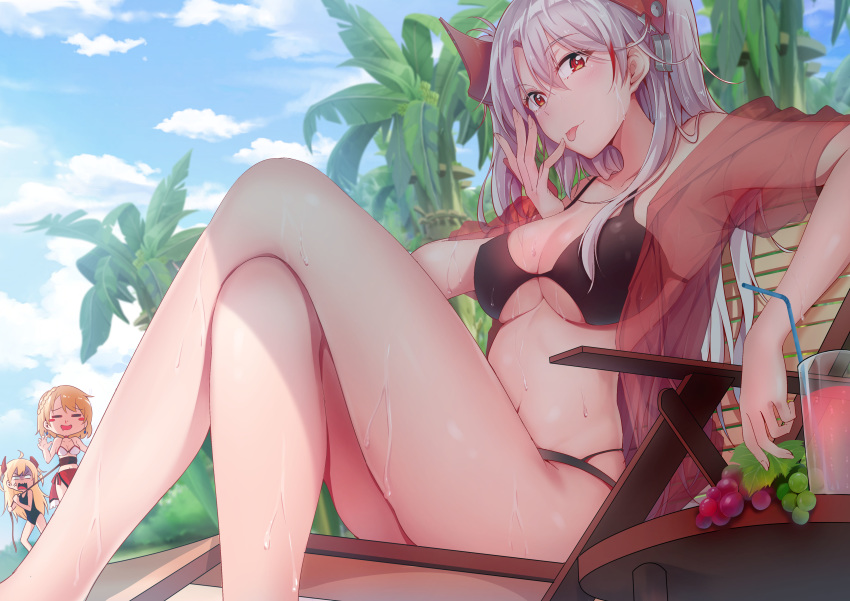 3girls :3 :q absurdres admiral_hipper_(azur_lane) ahoge anger_vein armpits azur_lane bare_shoulders bikini black_bikini blush bound braid breasts chair chinese_commentary cleavage collarbone commentary_request cross crossed_legs cup day drinking_straw drooling elbow_rest fei_luo_mao food french_braid fruit grapes groin hair_between_eyes headgear highres iron_cross large_breasts licking licking_finger long_hair looking_at_viewer lounge_chair multicolored_hair multiple_girls navel one-piece_swimsuit open_clothes open_mouth open_shirt outdoors photoshop_(medium) prince_of_wales_(azur_lane) prince_of_wales_(sun_shining_upon_windsor)_(azur_lane) prinz_eugen_(azur_lane) red_hair red_shirt rope sarong see-through shirt short_hair sidelocks sitting skindentation smile stomach streaked_hair sun swimsuit thighs tied_up_(nonsexual) tongue tongue_out tropical_drink two_side_up very_long_hair wet white_hair