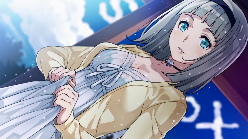 anna_nishikinomiya blue_eyes choker clothes_lift collarbone dress dress_lift end_card female grey_hair hamashima_shigeo parted_lips shimoneta_to_iu_gainen_ga_sonzai_shinai_taikutsu_na_sekai solo wet