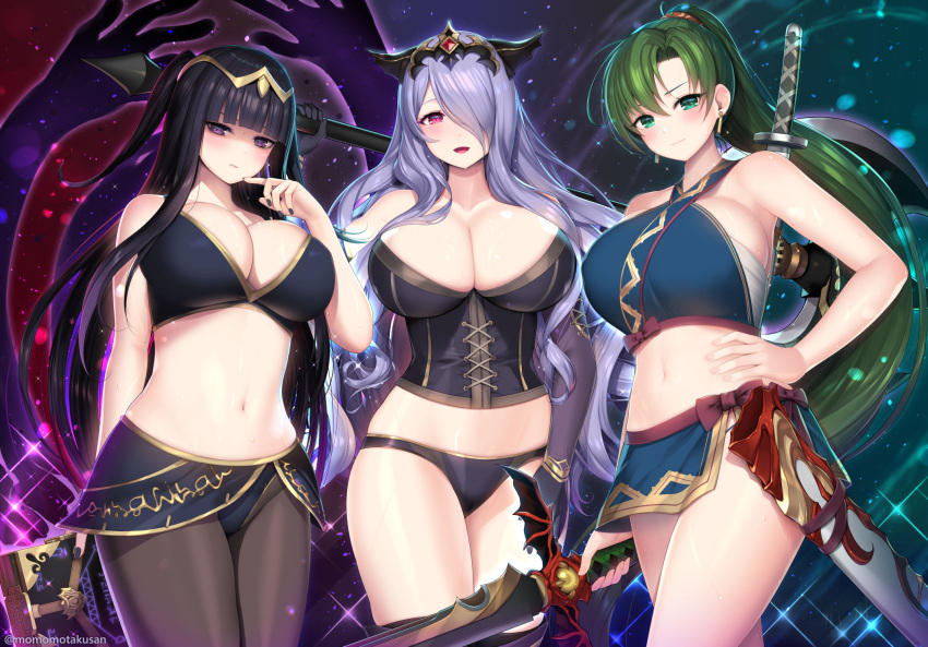 3girls axe black_hair book bra breasts camilla_(fire_emblem) chest_sarashi cleavage commentary_request corset fire_emblem fire_emblem:_the_blazing_blade fire_emblem_awakening fire_emblem_fates fire_emblem_warriors glaring green_eyes green_hair halterneck highres holding holding_sword holding_weapon huge_breasts kashiwamochi_yomogi large_breasts long_hair looking_at_viewer lyn_(fire_emblem) multiple_girls navel official_alternate_costume over_shoulder panties pantyhose partially_shaded_face ponytail purple_eyes purple_hair sarashi stomach sweat sword tharja_(fire_emblem) thighs tiara twintails underwear variant_set very_long_hair wavy_hair weapon weapon_on_back weapon_over_shoulder