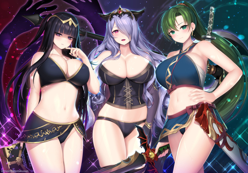 3girls axe black_hair book bra breasts camilla_(fire_emblem) chest_sarashi cleavage commentary_request corset fire_emblem fire_emblem:_the_blazing_blade fire_emblem_awakening fire_emblem_fates fire_emblem_warriors glaring green_eyes green_hair halterneck highres holding holding_sword holding_weapon huge_breasts kashiwamochi_yomogi large_breasts long_hair looking_at_viewer lyn_(fire_emblem) multiple_girls navel official_alternate_costume over_shoulder panties partially_shaded_face ponytail purple_eyes purple_hair sarashi smile stomach sweat sword tharja_(fire_emblem) thighs tiara twintails underwear variant_set very_long_hair wavy_hair weapon weapon_on_back weapon_over_shoulder