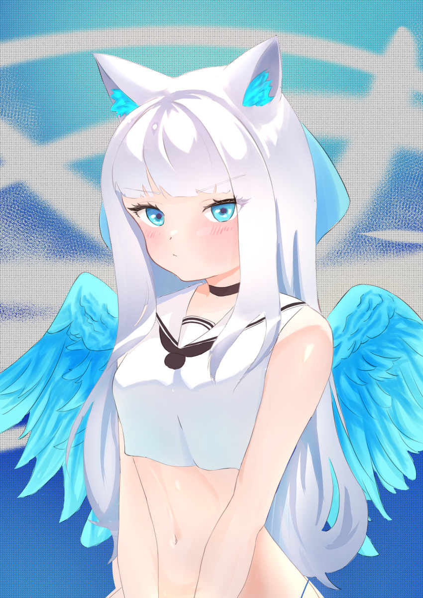 abstract_background absurdres angel_wings animal_ears blue_eyes blue_ribbon blue_wings blush female fox_ears fox_girl hair_ribbon highres kitsune long_bangs long_eyelashes long_hair makeup mascara midriff non-web_source original pouting ribbon school_uniform serafuku sidelocks solo white_hair wings