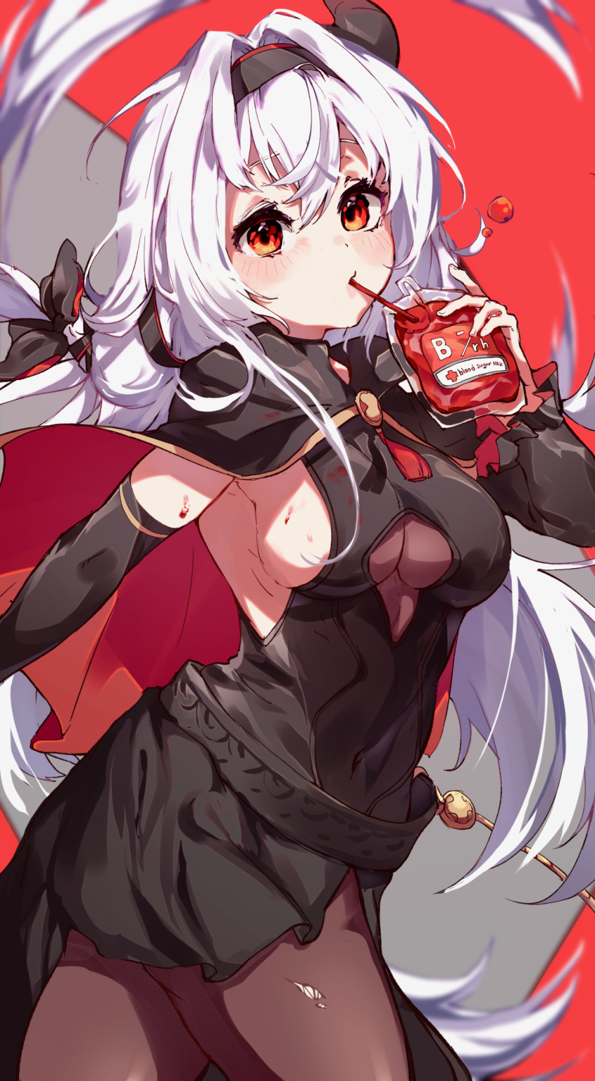 black_dress black_legwear blood breasts commentary cymlim dress drinking_straw drinking_straw_in_mouth elbow_gloves female gloves guardian_tales hairband half_vampire_priscilla highres horns korean_commentary looking_at_viewer medium_breasts red_background red_eyes sideboob single_horn standing white_hair