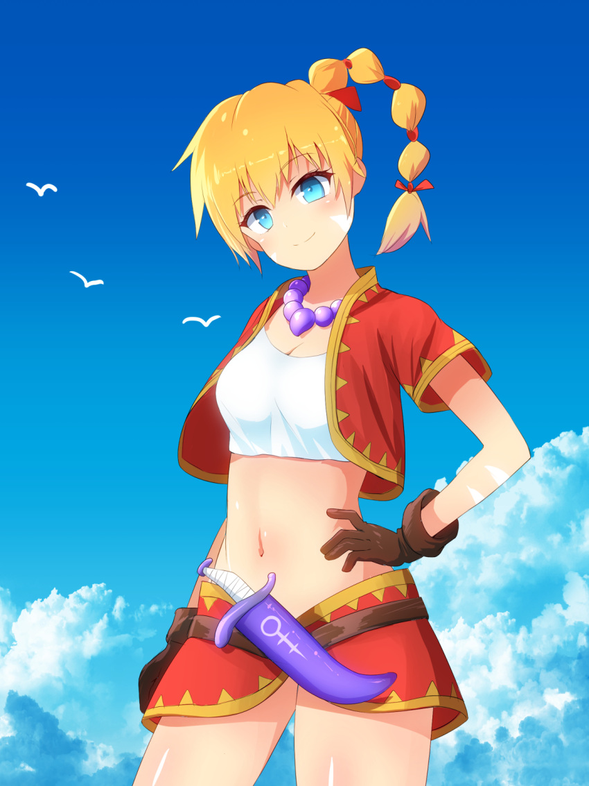 bandages blonde_hair blue_eyes breasts chrono_cross closed_mouth cloud crop_top facial_mark female gloves high_ponytail highres igamushi4848 jewelry kid_(chrono_cross) long_hair looking_at_viewer medium_breasts midriff multi-tied_hair navel necklace ponytail skirt smile solo vest