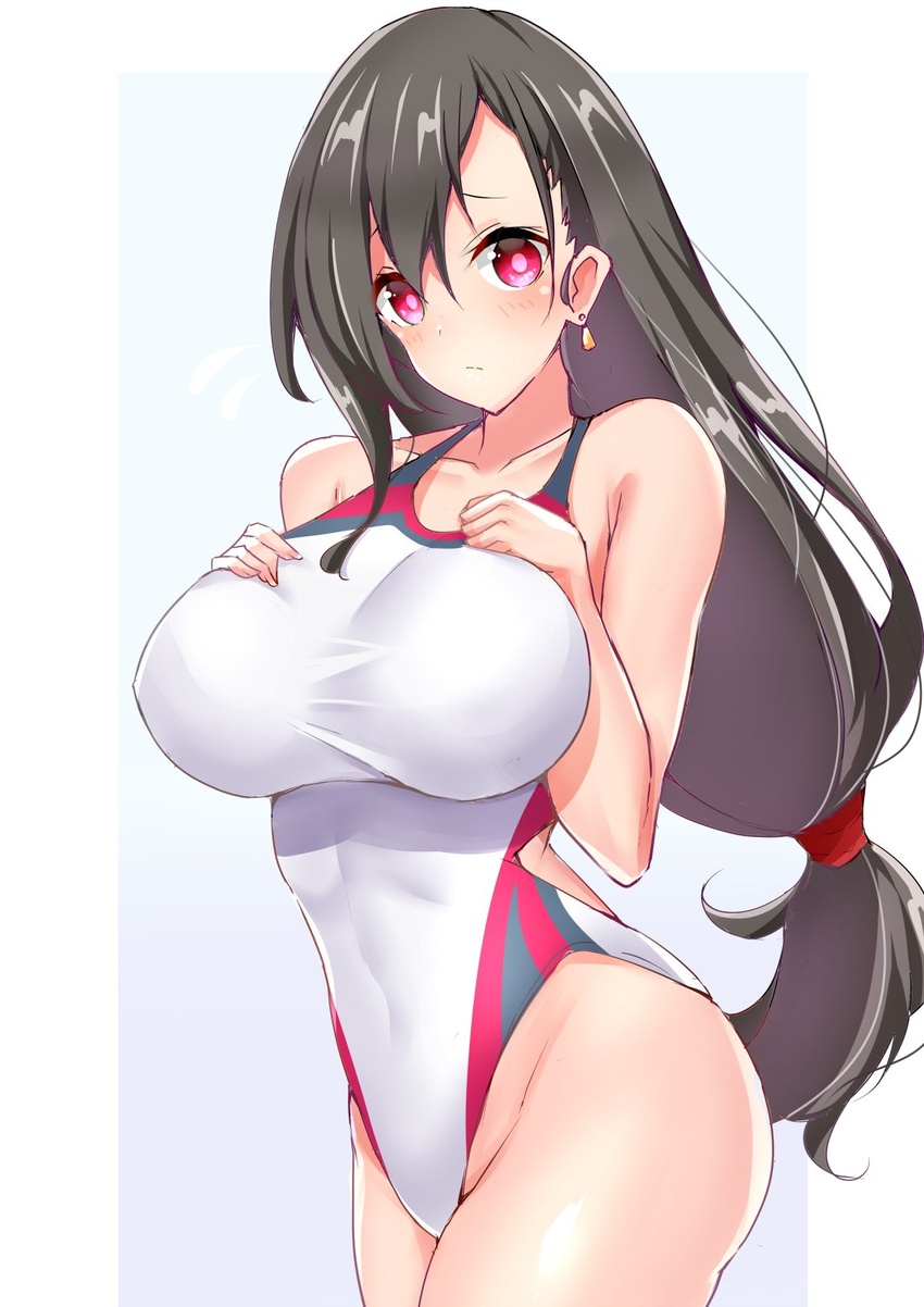 bare_shoulders black_hair blush breasts collarbone covered_navel curious earrings female final_fantasy final_fantasy_vii hands_on_own_chest highleg highleg_swimsuit highres jewelry large_breasts long_hair looking_at_viewer low-tied_long_hair one-piece_swimsuit red_eyes sankakusui solo swept_bangs swimsuit thighs tifa_lockhart white_one-piece_swimsuit