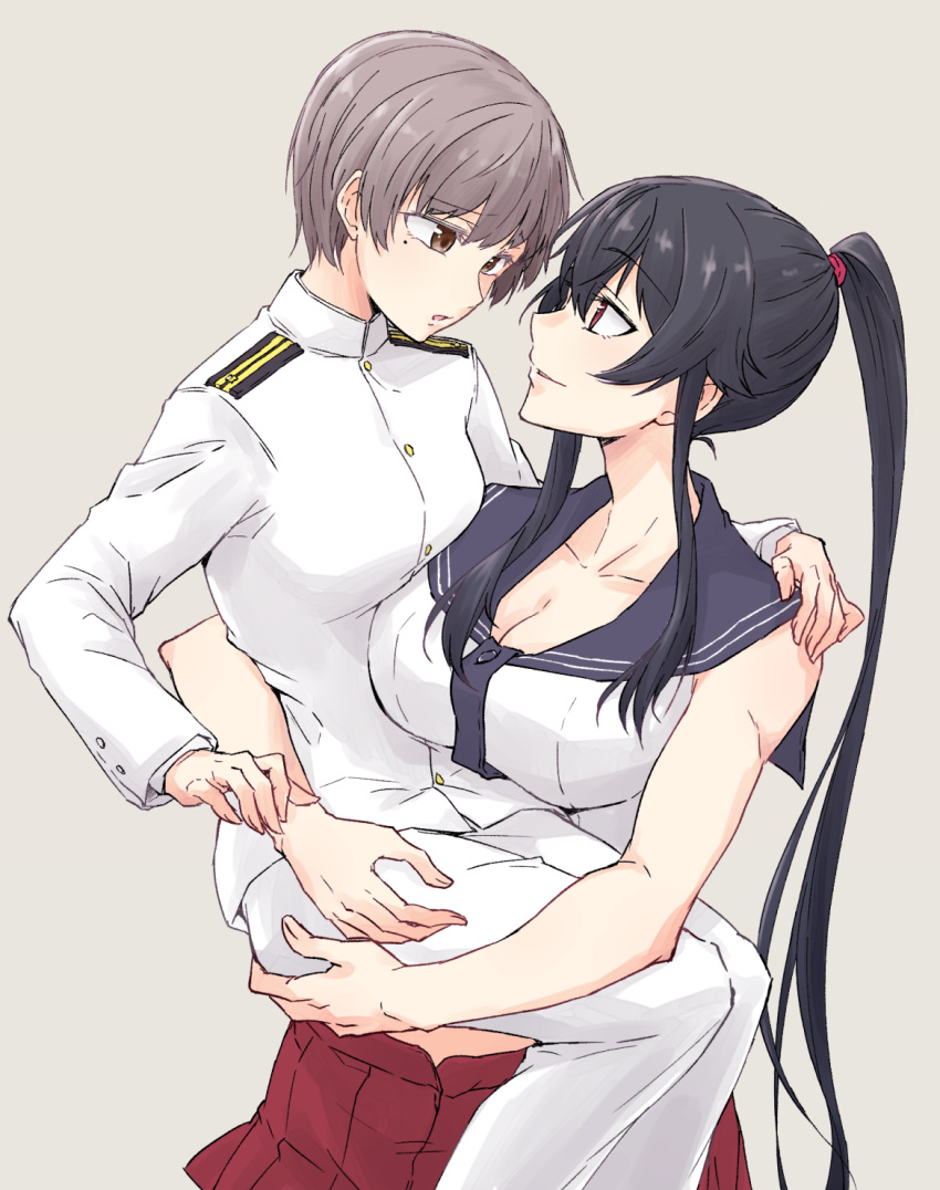 2girls bad_id bad_pixiv_id black_hair breasts brown_eyes carrying epaulettes female_admiral_(kancolle) grey_hair highres kantai_collection large_breasts long_hair looking_at_another medium_breasts military military_uniform mole mole_under_eye multiple_girls naval_uniform pleated_skirt ponytail red_eyes red_skirt rindou_(rindou_annon) school_uniform serafuku shirt short_hair sidelocks skirt sleeveless sleeveless_shirt uniform very_long_hair yahagi_(kancolle) yuri