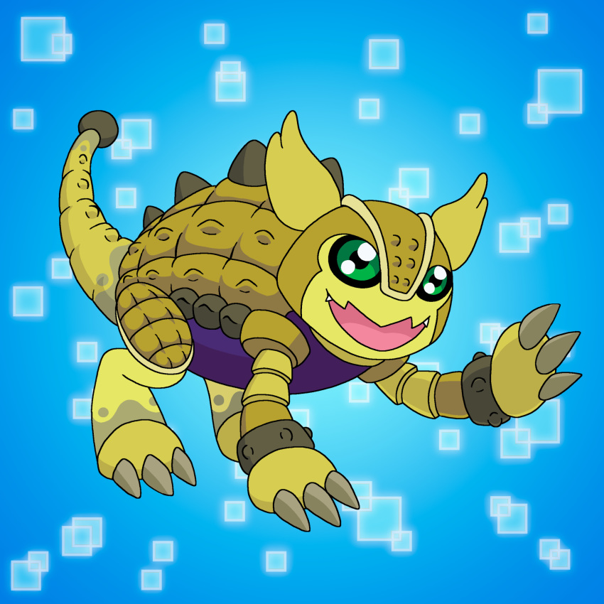 1:1 ankylomon armadillomon bandai_namco black_sclera charlesdoodles claws digimon digimon_(species) evolution evolution_(transformation) fangs feral green_eyes hi_res open_mouth shell solo spikes teeth transformation yellow_body