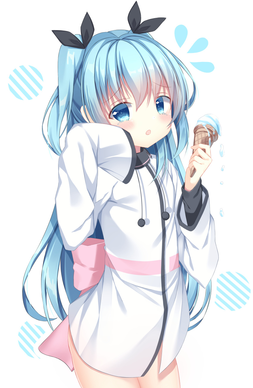 :o absurdres black_ribbon blue_eyes blue_hair blush bow commentary_request diagonal_stripes dress female flying_sweatdrops food hair_ribbon hand_up highres holding holding_food ice_cream ice_cream_cone long_hair long_sleeves looking_at_viewer noel_(sora_no_method) parted_lips pink_bow pizzzica pom_pom_(clothes) ribbon sleeves_past_fingers sleeves_past_wrists solo sora_no_method standing striped tears two_side_up very_long_hair white_background white_dress