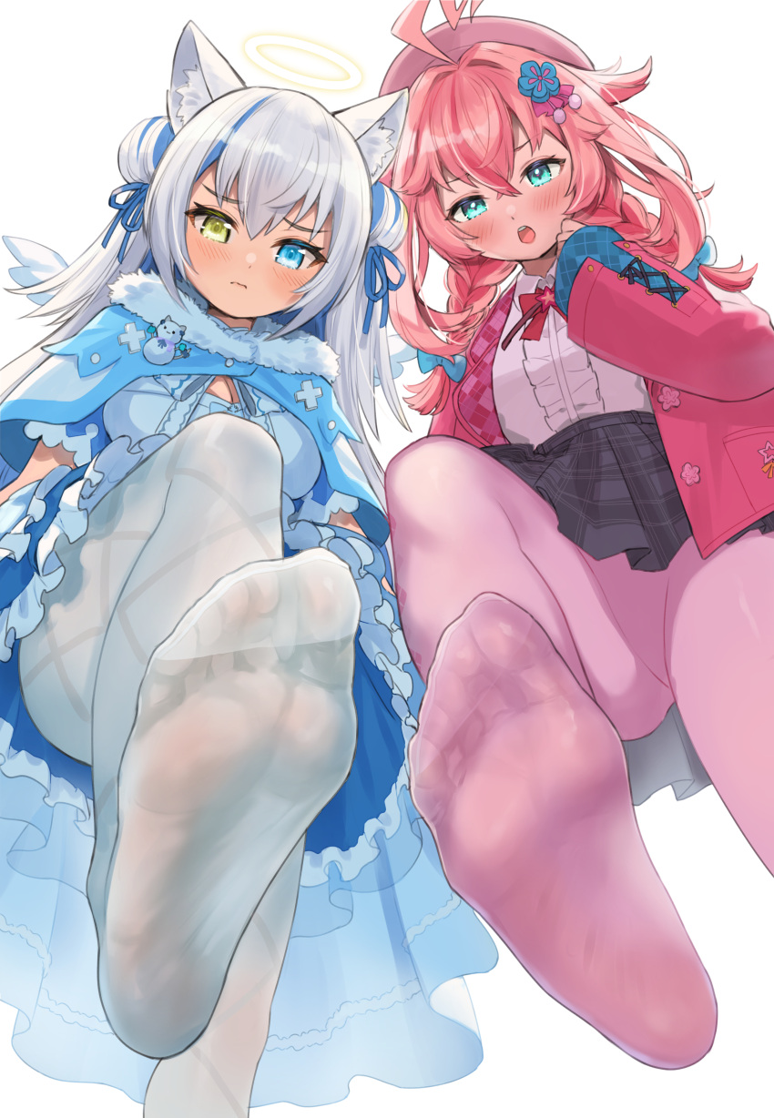 2girls absurdres ahoge animal_ear_fluff animal_ears aqua_eyes beret black_skirt blue_bow blue_capelet blue_eyes blue_ribbon blue_skirt blush bow bowtie braid breasts capelet cat_ears center_frills closed_mouth commentary_request commission crossed_bangs double_bun feet flower foot_focus foot_out_of_frame foreshortening frilled_skirt frills from_below fur-trimmed_capelet fur_trim guild_cq hair_between_eyes hair_bun hair_flower hair_ornament hair_ribbon halo hat heterochromia highres indie_virtual_youtuber itou_yuna jacket kaboshi_mihiru long_hair looking_at_viewer looking_down making-of_available medium_breasts miniskirt multicolored_hair multiple_girls no_shoes open_clothes open_jacket open_mouth pantyhose petticoat pink_hair pink_headwear pink_jacket pink_pantyhose plaid plaid_skirt pleated_skirt red_bow red_bowtie ribbon sahara1127 shirt sidelocks simple_background skeb_commission skirt soles standing standing_on_one_leg streaked_hair teeth toes twin_braids upper_teeth_only v-shaped_eyebrows very_long_hair virtual_youtuber white_background white_hair white_pantyhose white_shirt yellow_eyes