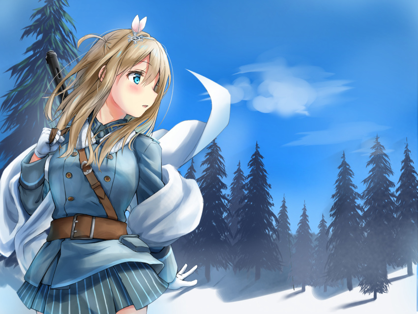 blue_eyes blush brown_hair coat female girls'_frontline gun highres long_hair outdoors solo submachine_gun suomi_(girls'_frontline) suomi_kp/-31 weapon winter winter_clothes winter_coat yukinoshiro