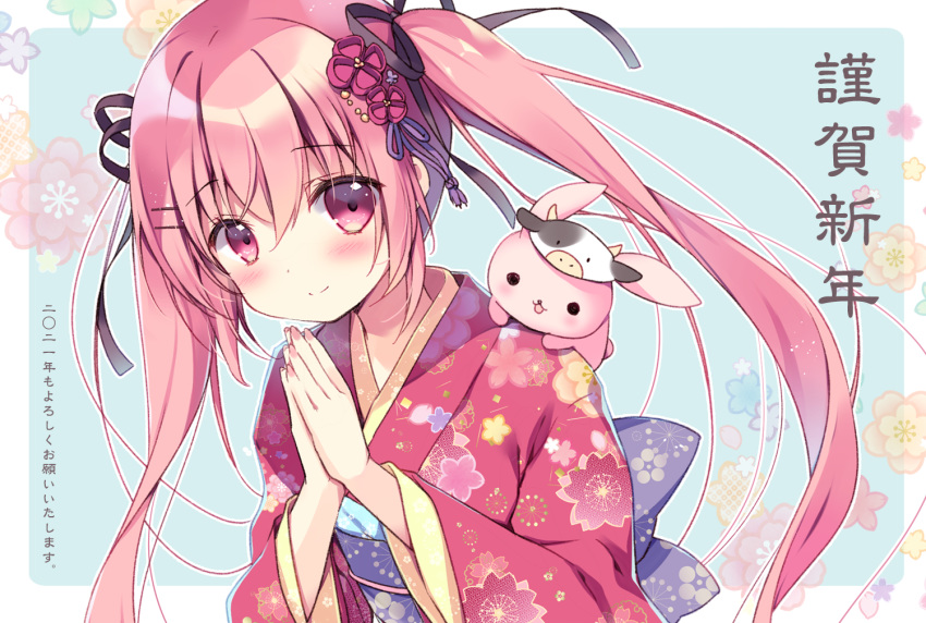 animal_on_shoulder blue_background blush chimaki-chan chinese_zodiac closed_mouth commentary_request cow_mask female floral_background floral_print hair_between_eyes hands_up happy_new_year japanese_clothes kimono koi_ni_kanmi_o_soete long_hair long_sleeves looking_at_viewer mask miyasaka_miyu new_year niwasaka_rira obi own_hands_together palms_together pink_hair print_kimono rabbit red_eyes red_kimono sash smile solo translated twintails two-tone_background upper_body very_long_hair white_background wide_sleeves year_of_the_ox