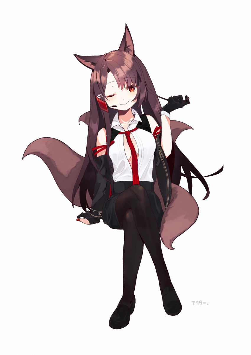 absurdres akagi_(azur_lane) akagi_(muse)_(azur_lane) akutaa animal_ears azur_lane black_footwear black_gloves black_pantyhose black_skirt breasts brown_hair brown_tail collared_shirt earpiece female fox_ears fox_tail gloves highres kitsune large_breasts long_hair looking_at_viewer loose_necktie miniskirt multiple_tails necktie one_eye_closed pantyhose partially_fingerless_gloves partially_unbuttoned red_eyes red_necktie shirt shoes simple_background skirt solo tail white_background