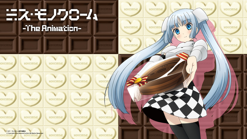 arm_guards armor black_legwear blue_eyes blue_hair blush box breastplate candy character_name checkered_clothes checkered_skirt chocolate chocolate_bar copyright_name copyright_notice female food foreshortening gift gift_box hair_ornament hairpods highres holding holding_box holding_gift incoming_gift light_smile long_hair looking_at_viewer miss_monochrome miss_monochrome_(character) official_art official_wallpaper patterned_background robotic_vacuum_cleaner ruu-chan shoulder_armor shoulder_pads sidelocks silhouette skirt thighhighs twintails valentine very_long_hair white_chocolate zettai_ryouiki