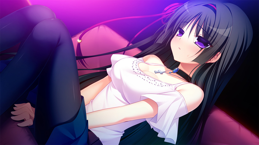 bare_shoulders black_hair black_pantyhose blue_gemstone blue_skirt breasts brooch choker cleavage couch cross cross_necklace eyebrows female game_cg gem hair_ribbon hairband jewelry kuchifusa_yogiri long_hair looking_at_viewer medium_breasts nanaka_mai necklace on_couch pantyhose pendant pink_ribbon pure_girl purino_party purple_eyes ribbon shirt short_sleeves skirt solo very_long_hair white_shirt