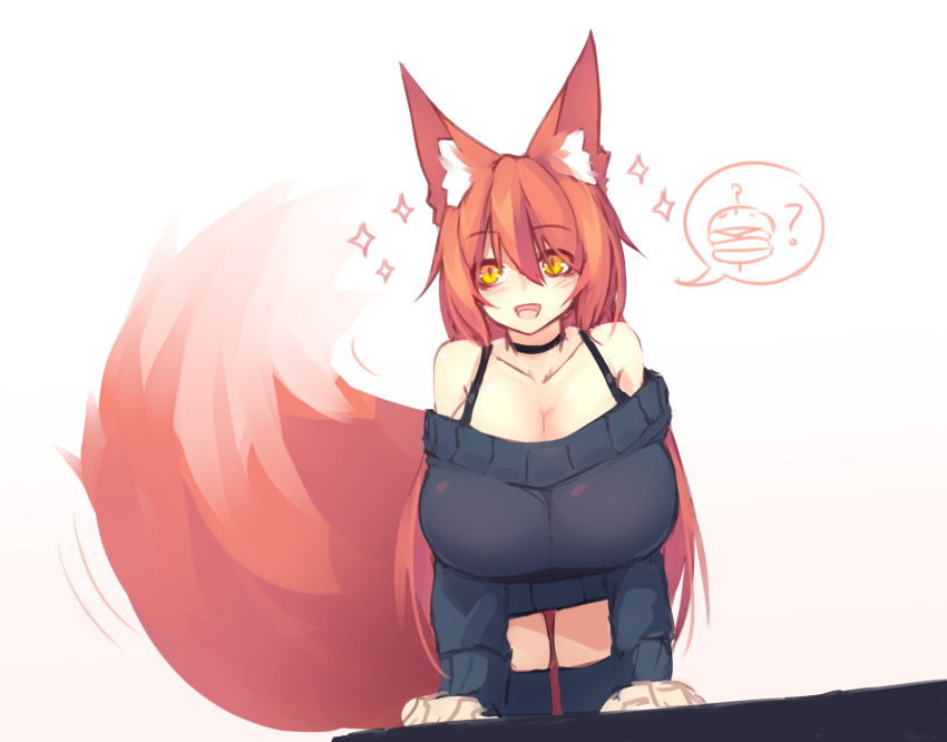 :d animal_humanoid big_breasts big_tail blush bra_straps breasts burger canid canid_humanoid canine canine_humanoid choker cleavage clothed clothing dipstick_tail female food fox_humanoid hair hi_res huge_breasts humanoid inner_ear_fluff jewelry legwear long_hair mammal mammal_humanoid markings multicolored_tail necklace open_mouth orange_hair smile solo sub-res sweater tail tail_markings thigh_highs topwear tuft yellow_eyes