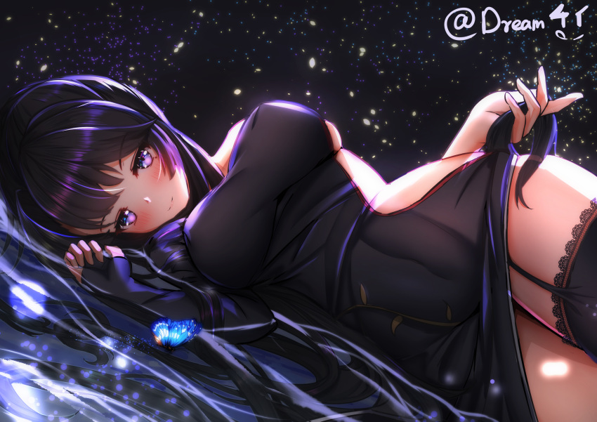 black_hair butterfly dream41 dress long_hair original stockings water