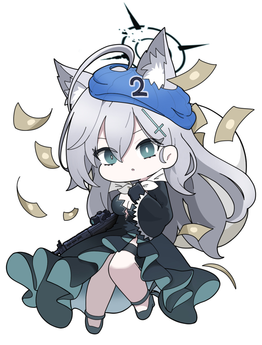 :o ahoge animal_ear_fluff animal_ears assault_rifle bag balaclava banknote black_dress black_footwear blue_archive blue_headwear breasts chibi cleavage commentary_request dress ears_through_headwear extra_ears eyebrows_hidden_by_hair female full_body grey_eyes grey_hair gun hair_between_eyes hair_ornament halo high_heels highres long_hair medium_breasts money nyaru_(nyaru_4126) parted_lips rifle scope shiroko_(blue_archive) shiroko_terror_(blue_archive) shoes sig_556 sig_sauer simple_background solo tilted_headwear v-shaped_eyebrows very_long_hair weapon white_background wolf_ears