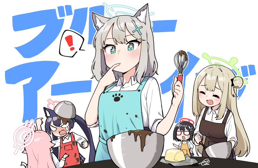 +_+ 5girls alternate_costume animal_ears ayane_(blue_archive) batter blue_archive butter cat_ears chibi chocolate chocolate_making closed_eyes cooking crying dirty dirty_clothes extra_ears food food_in_mouth food_on_clothes foreclosure_task_force_(blue_archive) glasses halo highres holding holding_whisk hoshino_(blue_archive) junsuina_fujunbutsu licking licking_finger mixing_bowl multiple_girls nonomi_(blue_archive) pink_halo serika_(blue_archive) shiroko_(blue_archive) translated whisk wolf_ears