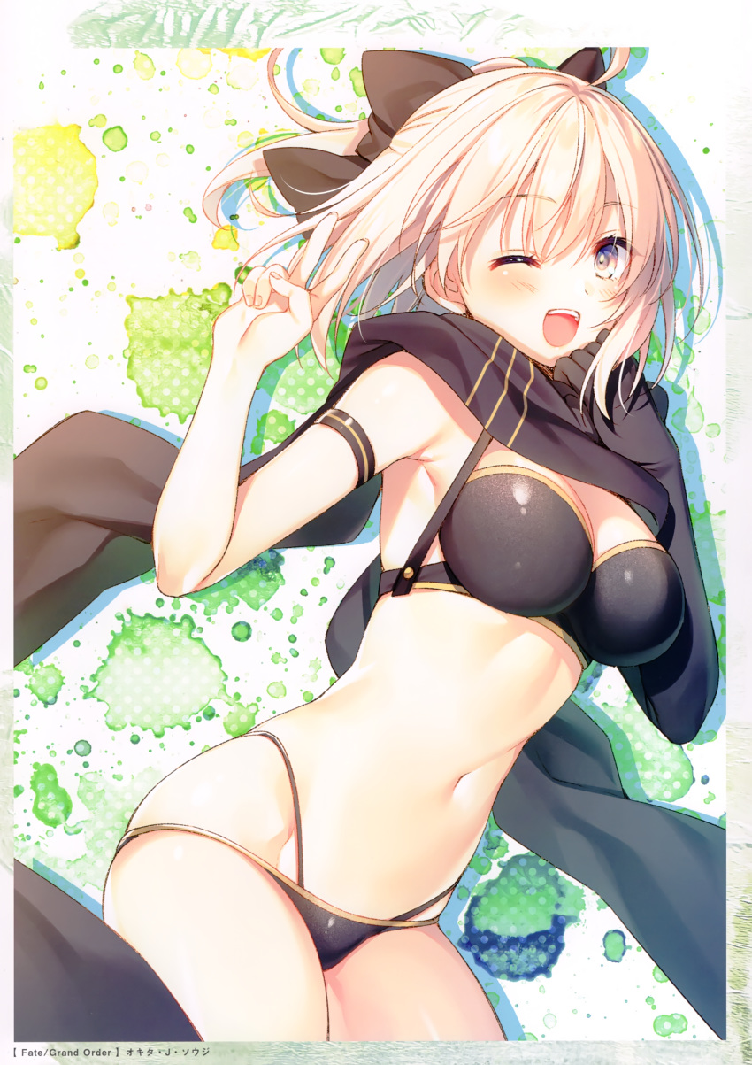 ;d absurdres ahoge armband armpits bare_shoulders bikini black_bikini black_bow black_scarf blonde_hair blush bow breasts cleavage cowboy_shot fate/grand_order fate_(series) female groin hairbow half_updo hand_up highleg highleg_bikini highres large_breasts looking_at_viewer navel okita_j._souji_(fate) okita_j._souji_(first_ascension)_(fate) okita_souji_(fate) one_eye_closed open_mouth scan scarf short_hair smile solo stomach swimsuit toosaka_asagi v yellow_eyes