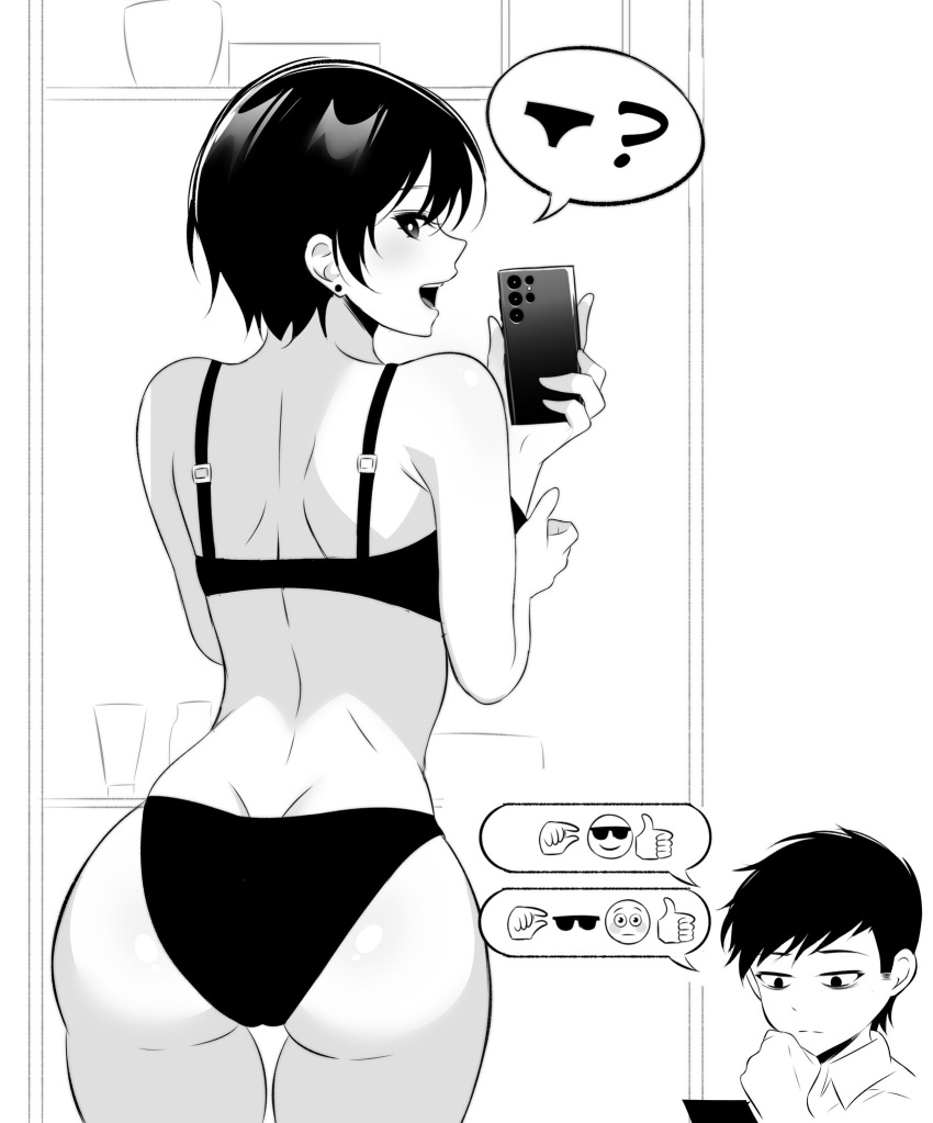 ass azmi_yudista black_panties bra cellphone earrings emoji female greyscale highres holding holding_phone indoors jewelry mirror mirror_image monochrome olive_laurentia original panties phone selfie sigit_martinus smartphone taking_picture text_messaging underwear