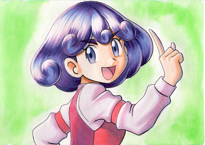 :d bad_id bad_twitter_id burgundy_(pokemon) commentary_request curly_hair eyelashes female green_background hand_up highres long_sleeves looking_at_viewer looking_to_the_side oka_mochi open_mouth pink_shirt pokemon pokemon_(anime) pokemon_bw_(anime) purple_hair shirt short_hair smile solo tongue traditional_media vest