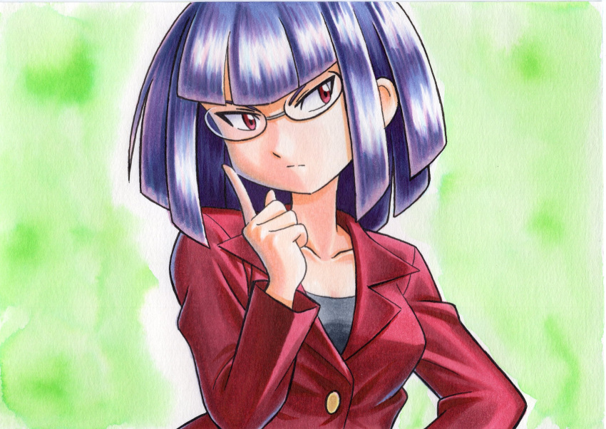 bad_id bad_twitter_id blunt_bangs buttons closed_mouth collarbone commentary_request female glasses green_background grey_shirt hand_up highres index_finger_raised jacket matori_(pokemon) medium_hair oka_mochi pokemon pokemon_(anime) pokemon_xy_(anime) purple_eyes purple_hair red_jacket shirt solo split_mouth team_rocket traditional_media upper_body