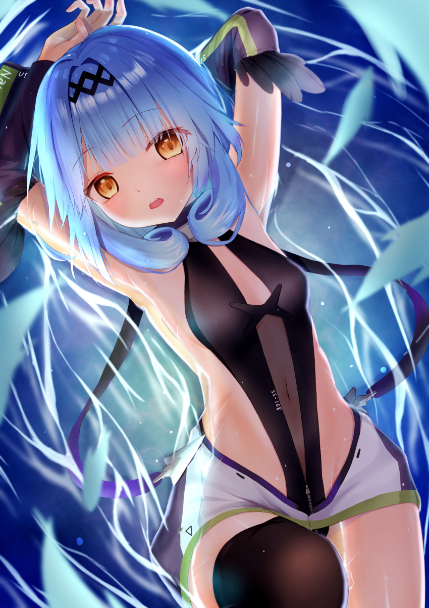 absurdres armpits arms_up azur_lane black_one-piece_swimsuit blue_hair breasts commentary covered_navel detached_sleeves female highres humo long_hair looking_at_viewer nautilus_(azur_lane) navel one-piece_swimsuit see-through single_thighhigh small_breasts solo swimsuit thighhighs yellow_eyes zipper zipper_pull_tab