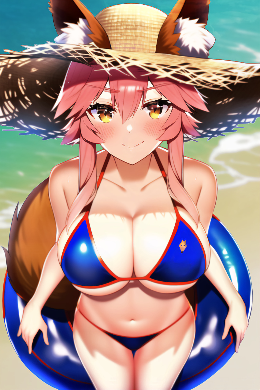 absurdres ai-generated animal_ear_fluff animal_ears awayuki_uyuko bad_id bad_pixiv_id bikini blue_bikini blush breasts cleavage collarbone ears_through_headwear fate/grand_order fate_(series) female fox_ears fox_girl fox_tail hat highres innertube large_breasts md5_mismatch navel ocean outdoors pink_hair resolution_mismatch side-tie_bikini_bottom smile solo source_smaller straw_hat swim_ring swimsuit tail tamamo_(fate) tamamo_no_mae_(swimsuit_lancer)_(fate) tamamo_no_mae_(swimsuit_lancer)_(second_ascension)_(fate) tamamo_no_mae_(swimsuit_lancer)_(third_ascension)_(fate) yellow_eyes