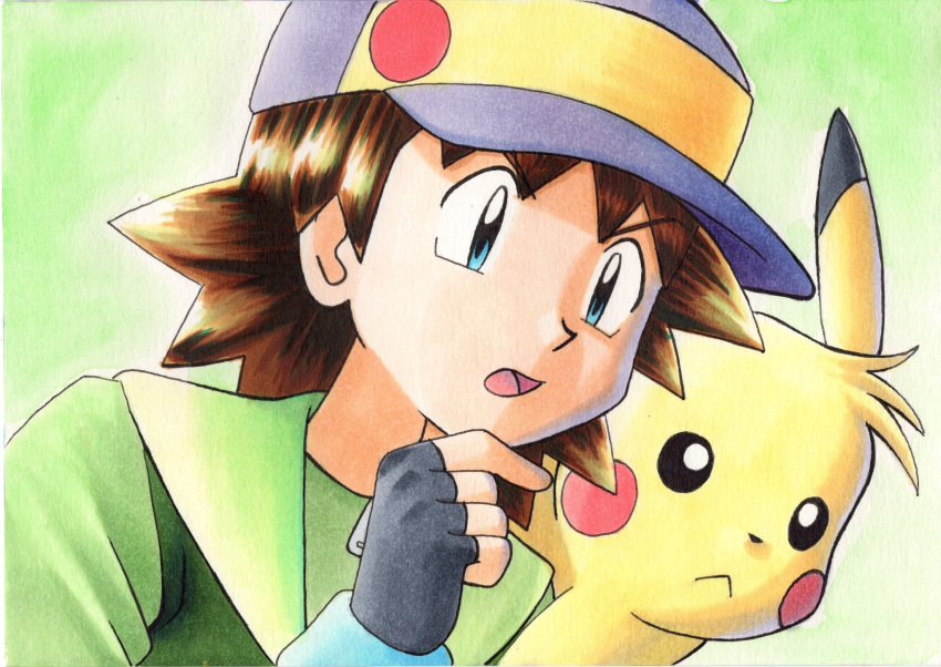 1boy bad_id bad_twitter_id baseball_cap blue_eyes brown_hair commentary_request fingerless_gloves gloves green_background green_jacket grey_gloves hand_on_own_chin hand_up hat highres jacket looking_down male_focus oka_mochi on_shoulder open_mouth pikachu pokemon pokemon_(anime) pokemon_(classic_anime) pokemon_(creature) pokemon_on_shoulder ritchie_(pokemon) sparky_(pokemon) spiked_hair tongue traditional_media