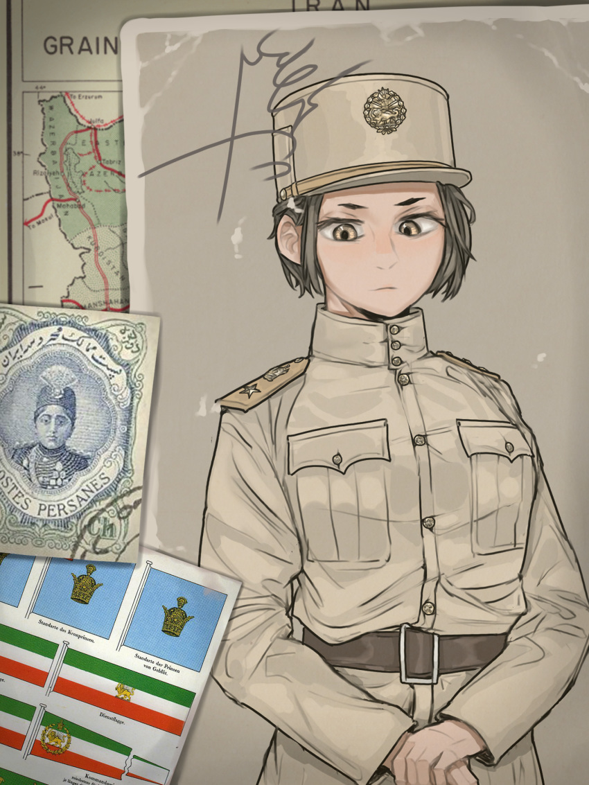 ahmad_shah_qajar belt breast_pocket breasts brown_belt brown_eyes brown_hair brown_hat expressionless female flag german_text hat hearts_of_iron highres iran iranian_flag kaiserreich kepi long_sleeves looking_at_viewer medium_breasts military military_hat original pocket pzkpfwi qajar_dynasty short_hair solo