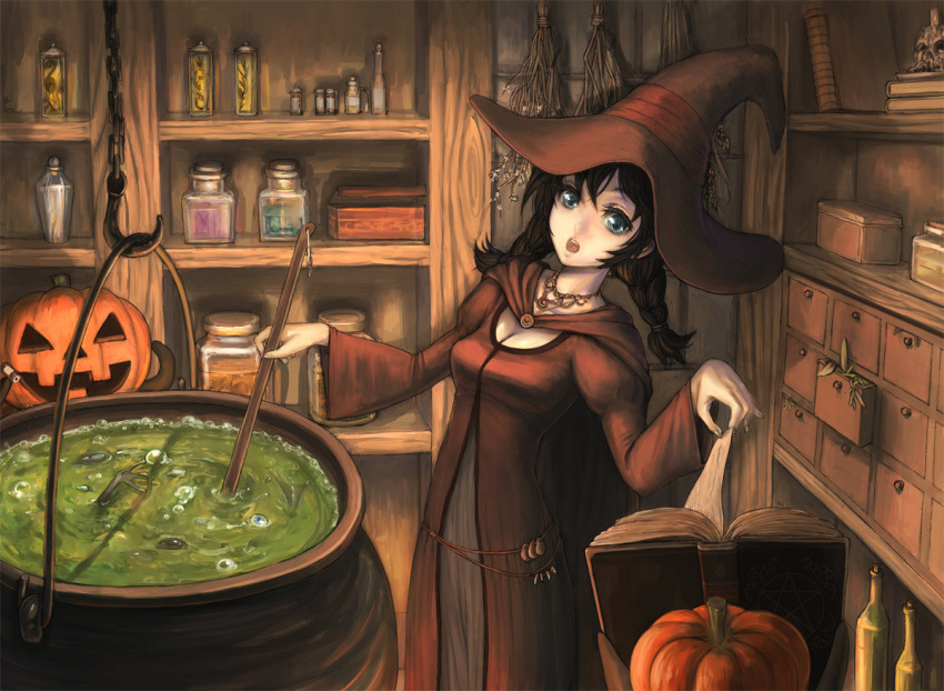 bad_id bad_pixiv_id black_hair blue_eyes book braid breasts burunuu_(bullnukko) cape cauldron cleavage female hat jack-o'-lantern jewelry looking_at_viewer magic_research medium_breasts necklace open_mouth original pumpkin pumpkin_hat solo twin_braids witch witch_hat