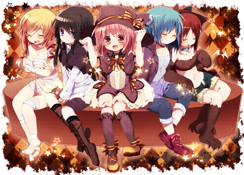 5girls akemi_homura alternate_costume animal_ears animal_hands bad_id bad_pixiv_id bandages barefoot black_hair black_legwear blonde_hair blue_hair blush boots bow breasts claws closed_eyes covering_breasts covering_privates cross-laced_footwear fur_trim gloves hair_ornament hairclip halloween hat kaname_madoka lace-up_boots mahou_shoujo_madoka_magica mahou_shoujo_madoka_magica_(anime) medium_breasts miki_sayaka multiple_girls mummy nochita_shin open_mouth paw_gloves pink_eyes pink_hair purple_eyes red_hair sakura_kyoko scar screw short_shorts shorts sitting small_breasts tomoe_mami witch_hat wolf_ears