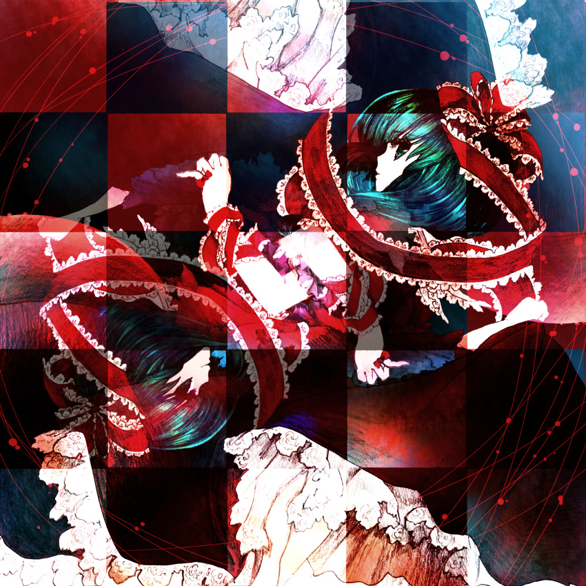 bow commentary_request dress female frills hairbow hanada_hyou highres kagiyama_hina long_hair ribbon solo touhou